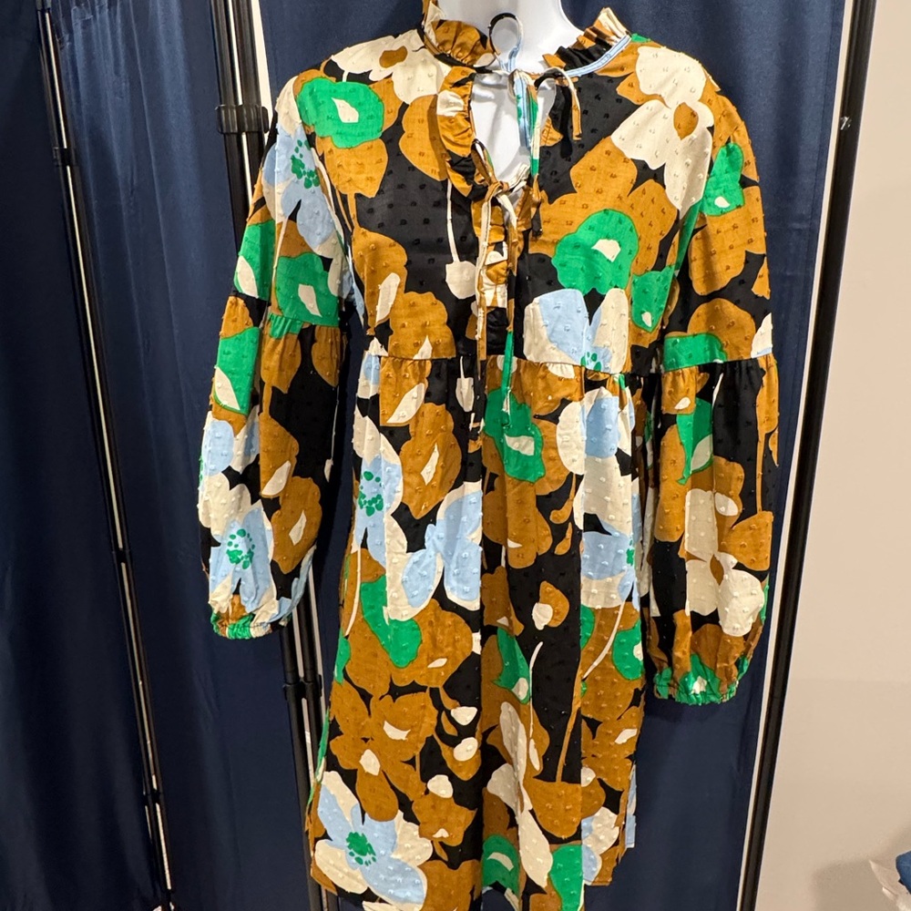 Who What Wear Black Floral Long Sleeve Tiered Dress with Green & Mustard Accents